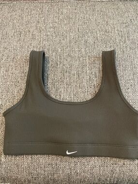 Nike Olive Ribbed Scoop-Back Sports Bra with White Swoosh